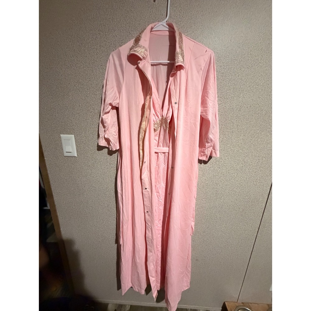 Vintage Pink Peignoir Set Nightgown Robe Gold Lace Trim Maxi 2 Piece Loungewear - Picture 5 of 15